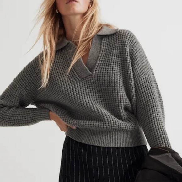 Madewell Sweaters - MADEWELL Wool Blend Gray Waffle-Knit Henley Sweater